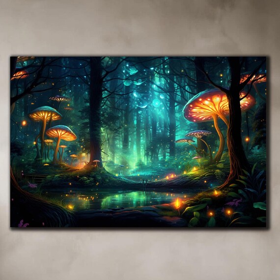 Tempered Glass Wall Art Fireflies Illuminate Forest Fantasy Neon Wall Decor Optical Illusion Artwork Psychedelic Glowing Forest Glass Art