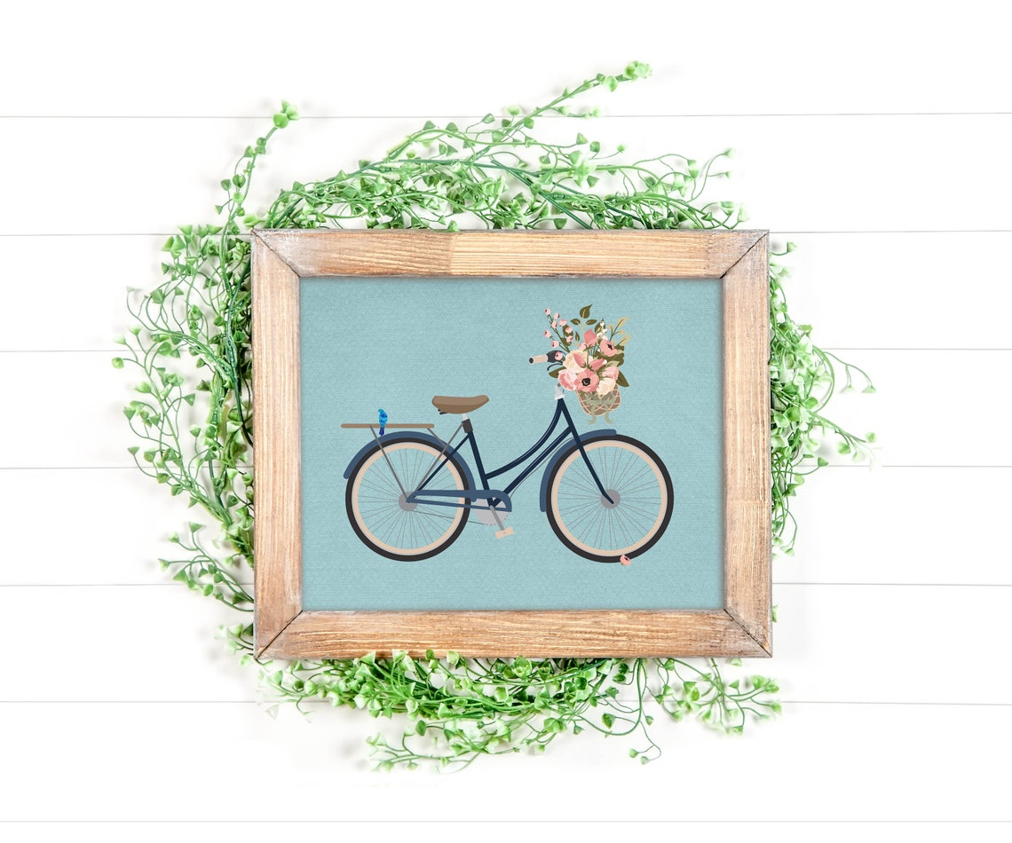 Navy Bicycle Flower Basket Teal Background Illustration Poster - Image 3