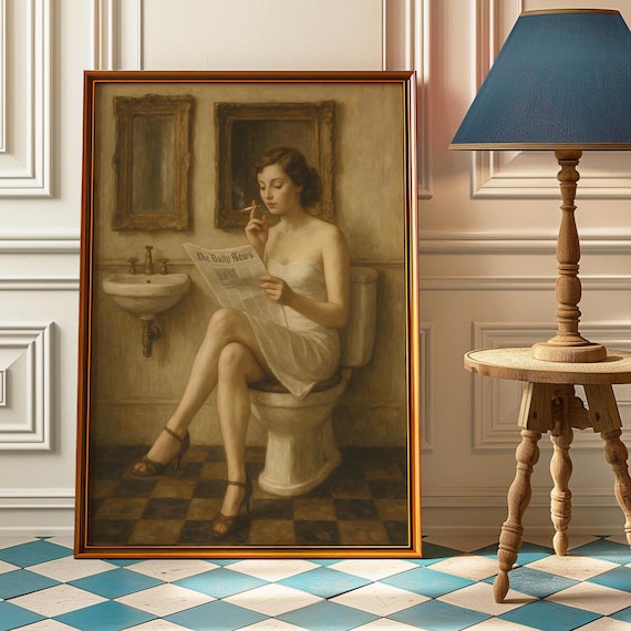 Vintage Bathroom Poster Woman Reading Newspaper on the Toilet