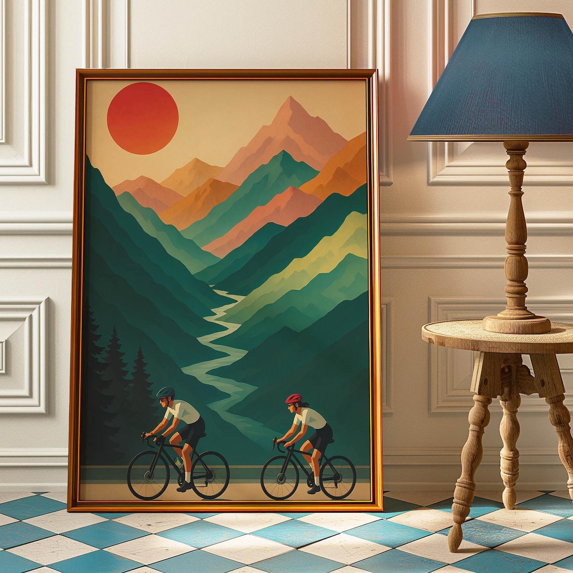 Cycling Couple Red Sun Mountain Road Bike Sunset Sport Poster