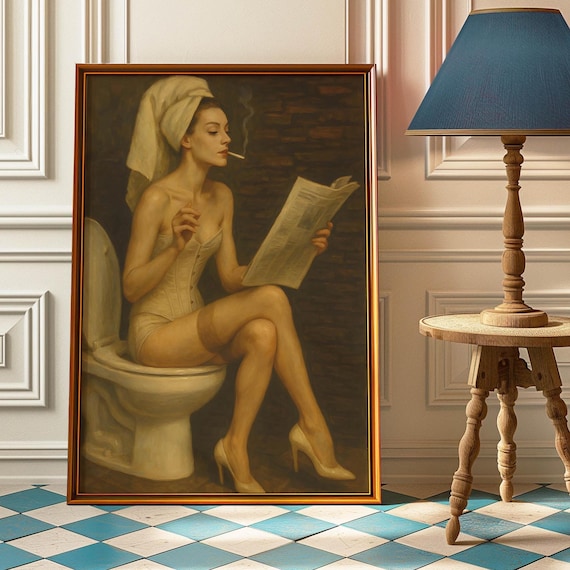 Woman With Cigarette And Newspaper Bathroom Wall Art Vintage Poster Retro Decor Girl Sitting On Toilet Print