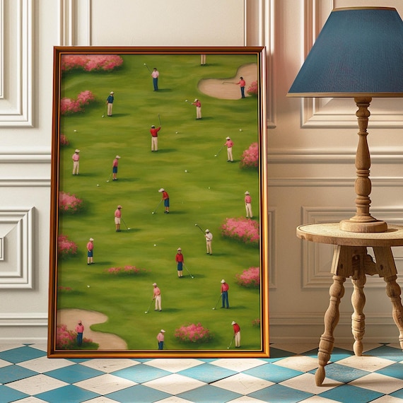 Tiny Golfers Pink Azaleas Miniature Figures Retro Golf Sports Poster