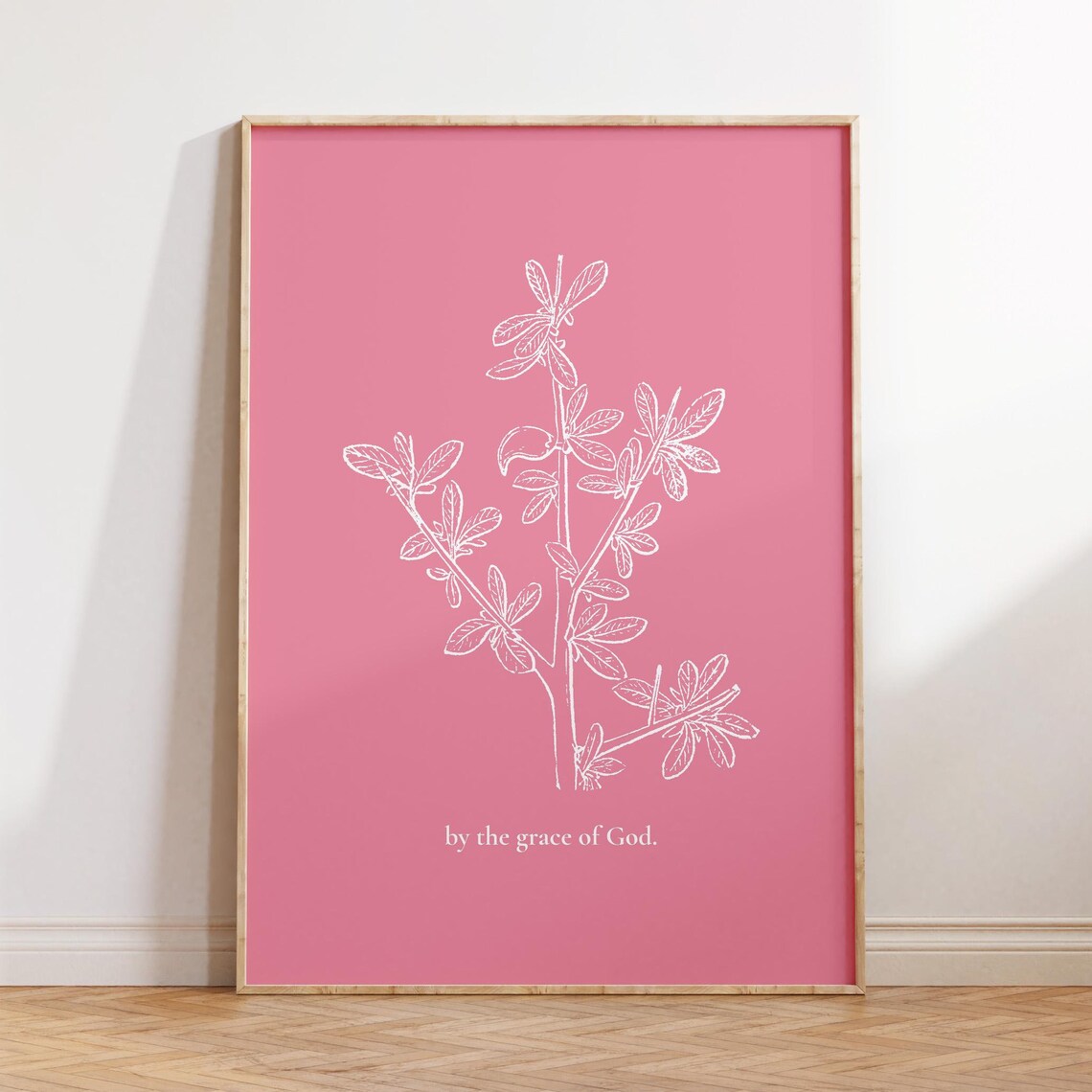 By The Grace Of God Botanical Pink Minimalist Line Art Poster