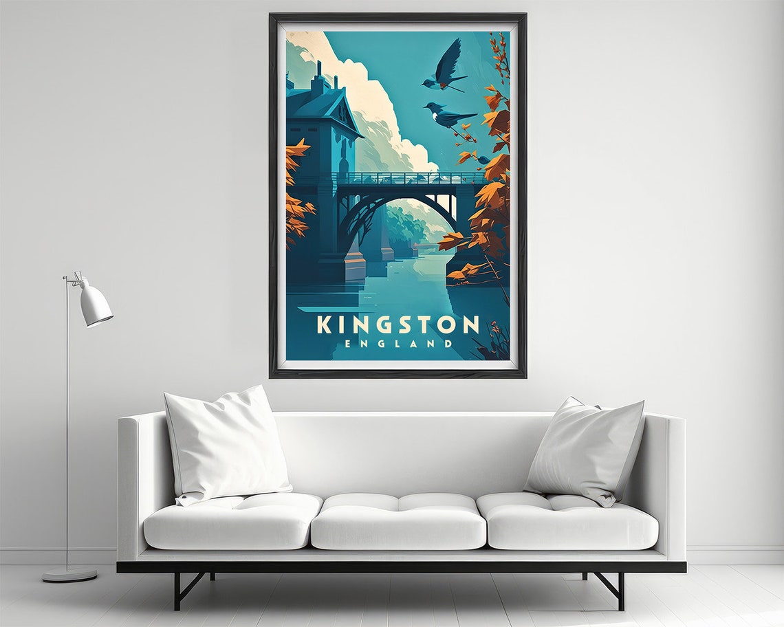 Kingston England River Bridge Autumn Birds Retro Travel Poster - Image 2