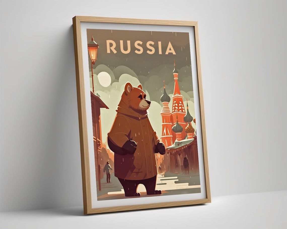 Russia Bear Cartoon St Basils Moscow Cute Snowy Winter Poster - Image 5
