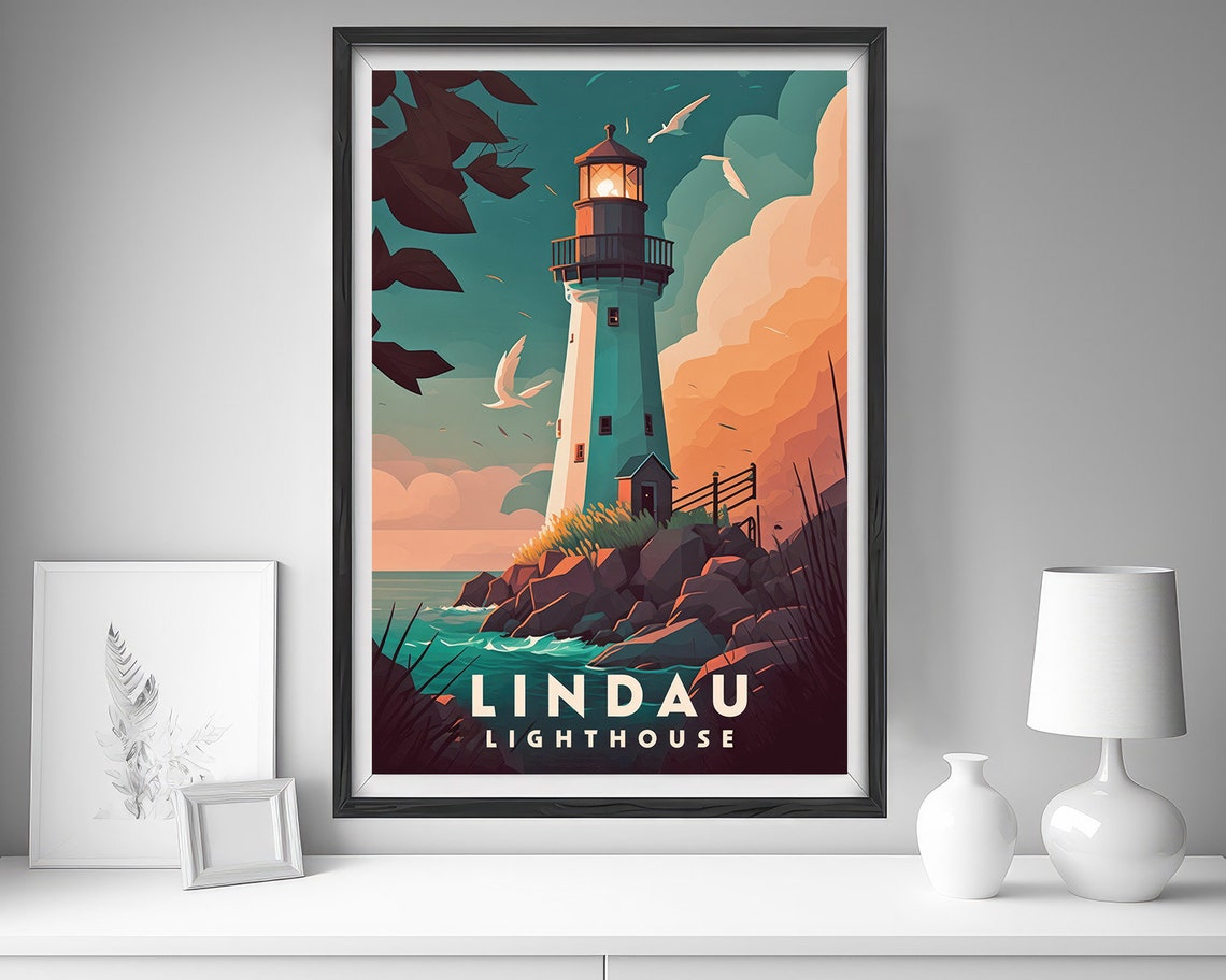 Lindau Lighthouse Sunset Coastal Rocks Vintage Travel Poster - Image 4