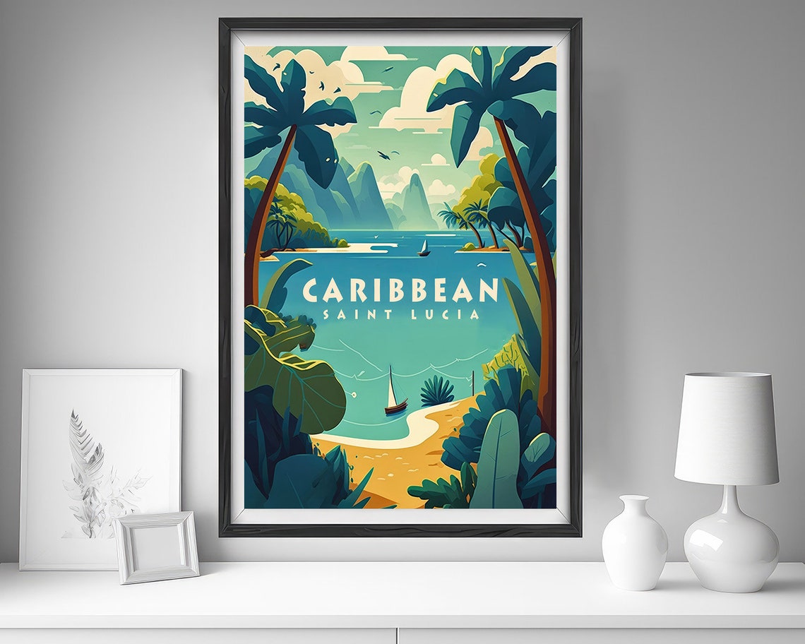 Saint Lucia Caribbean Tropical Beach Palms Vintage Travel Poster - Image 4