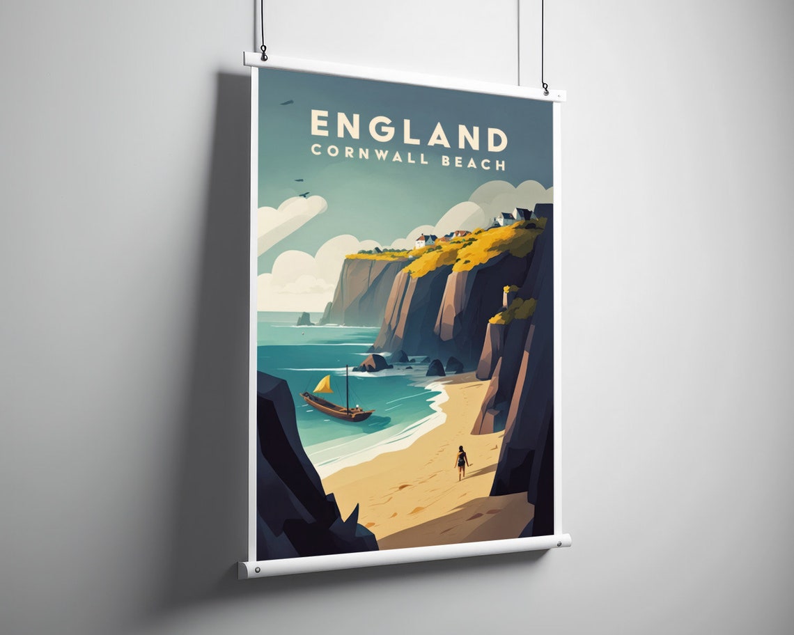England Cornwall Beach Cliffs Sailboat Retro Travel Art Poster - Image 3