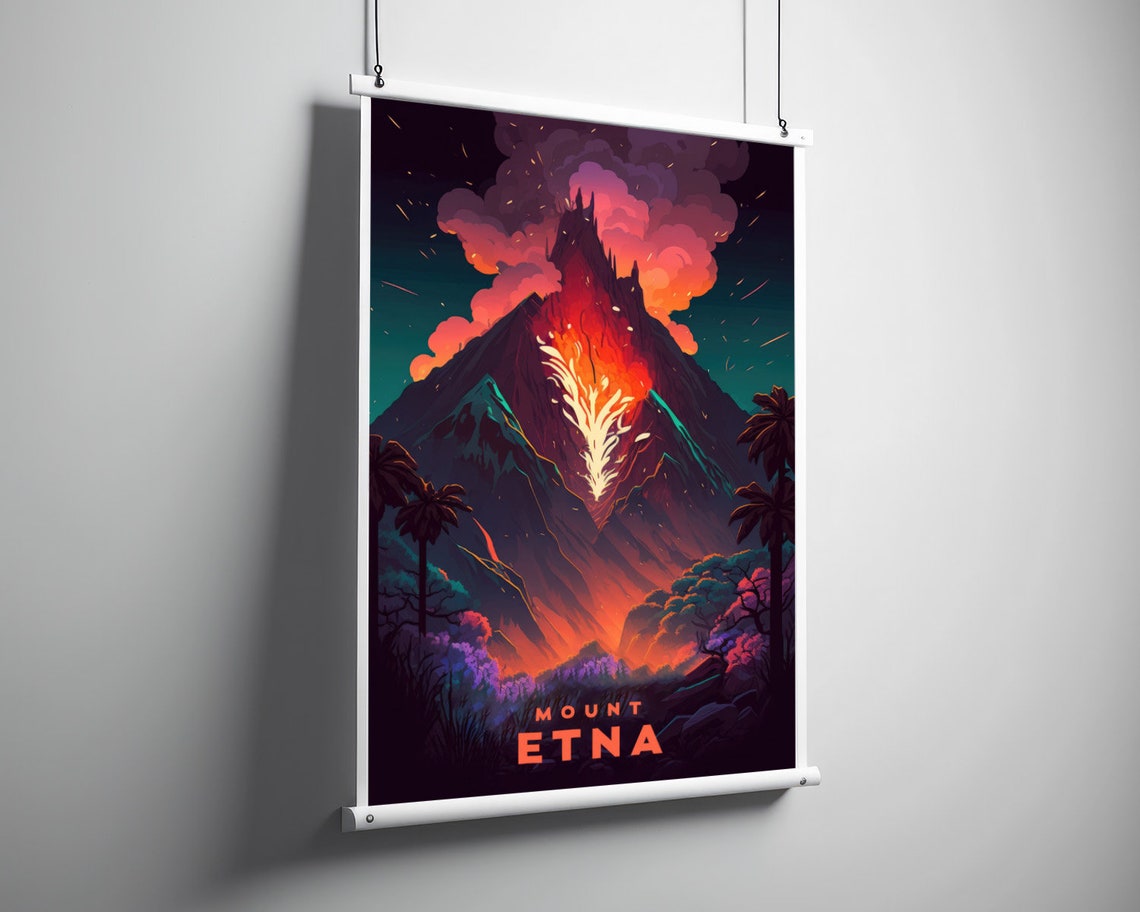 Mount Etna Sicily Volcano Eruption Night Vintage Travel Poster - Image 3