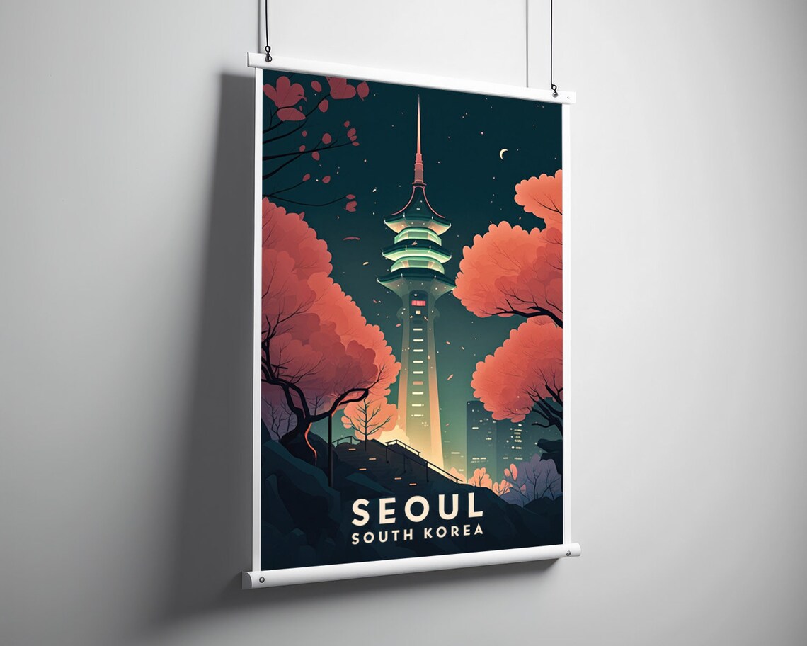 Seoul South Korea City Night Tower Cherry Blossom Travel Poster - Image 3