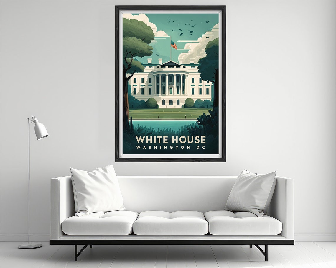 White House Washington DC Landmark Illustration Patriotic Art Poster - Image 2
