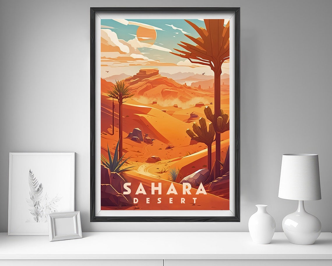 Sahara Desert Dunes Golden Oasis Palms Sunset Vintage Travel Poster - Image 4