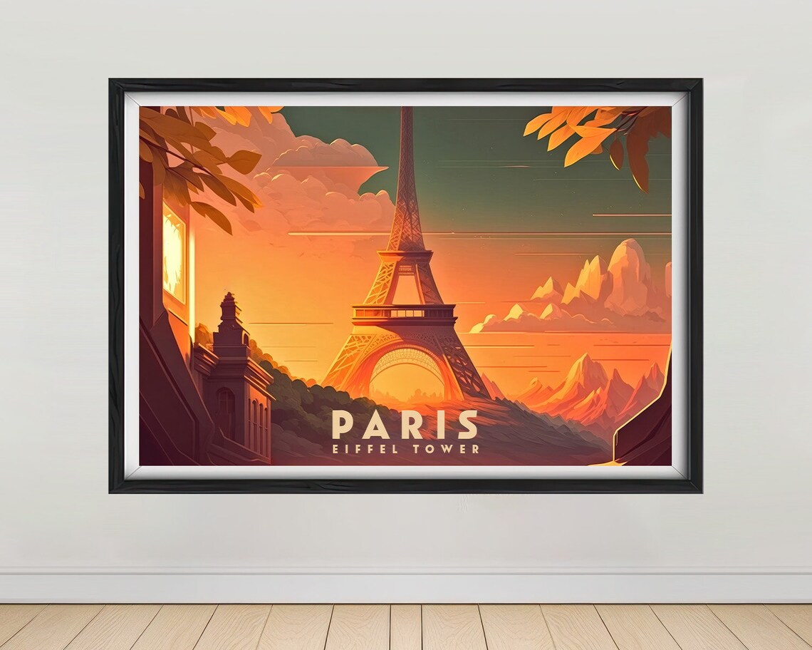Paris Eiffel Tower Golden Sunset Vintage France Travel Poster