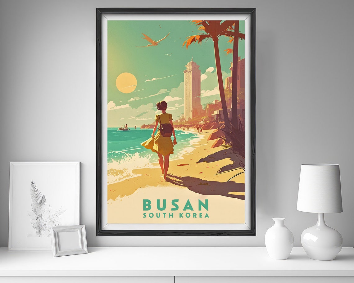 Busan South Korea Golden Beach Sunset Resort Vintage Travel Poster - Image 4