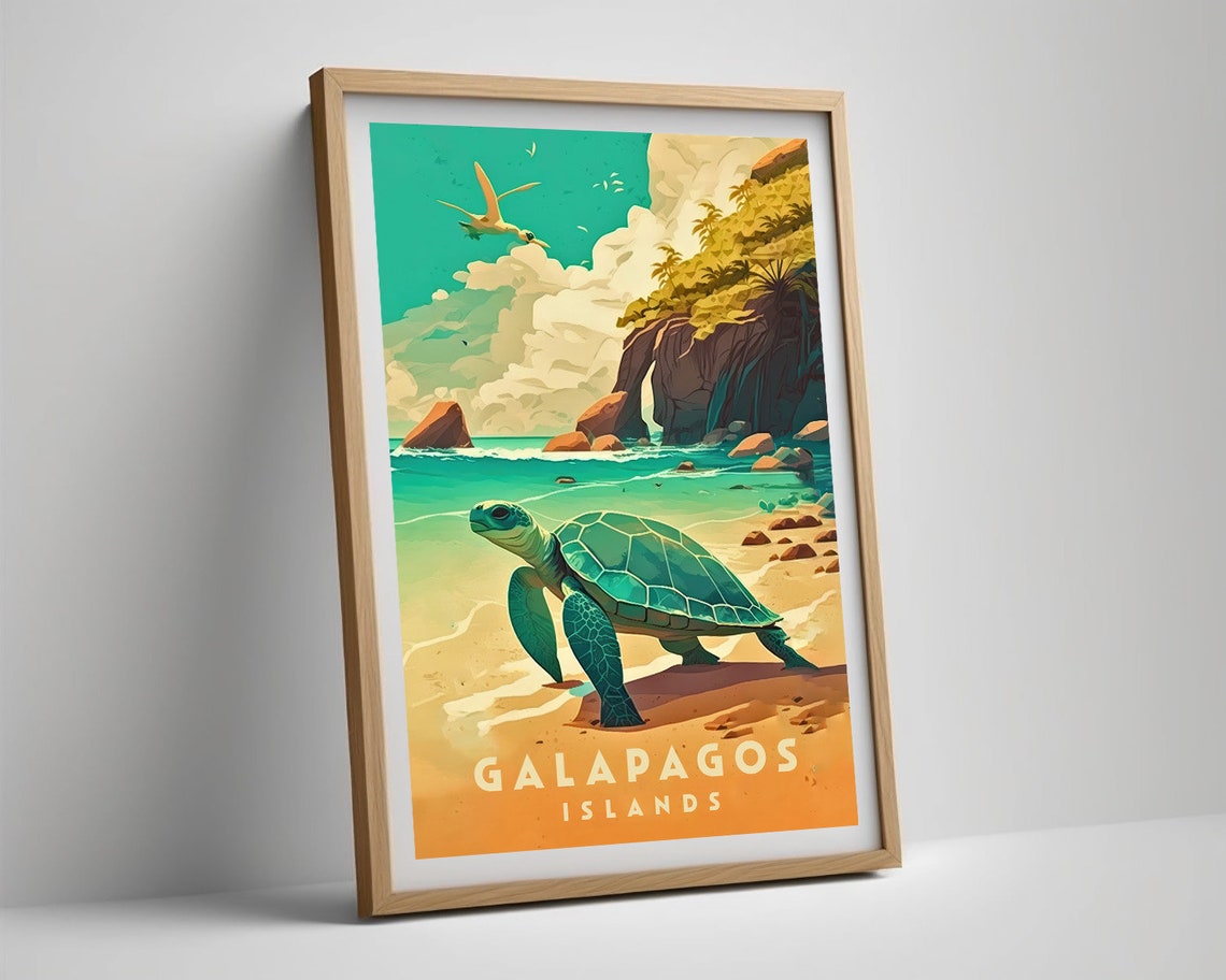 Galapagos Islands Sea Turtle Sandy Beach Sunset Vintage Travel Poster - Image 5