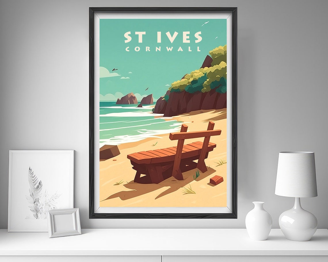 St Ives Cornwall Vintage Travel Poster Beach Bench Sea View Art - Image 4