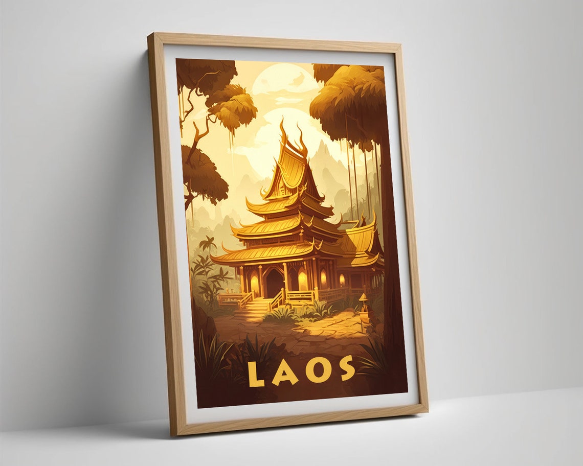 Laos Golden Buddhist Temple Rainforest Jungle Vintage Travel Poster - Image 5