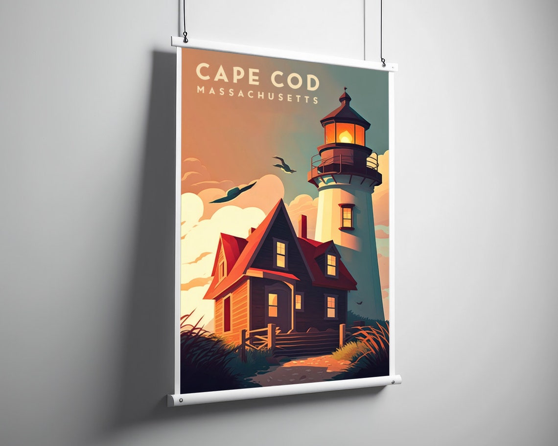 Cape Cod Massachusetts Lighthouse Cottage Sunset Travel Poster - Image 3