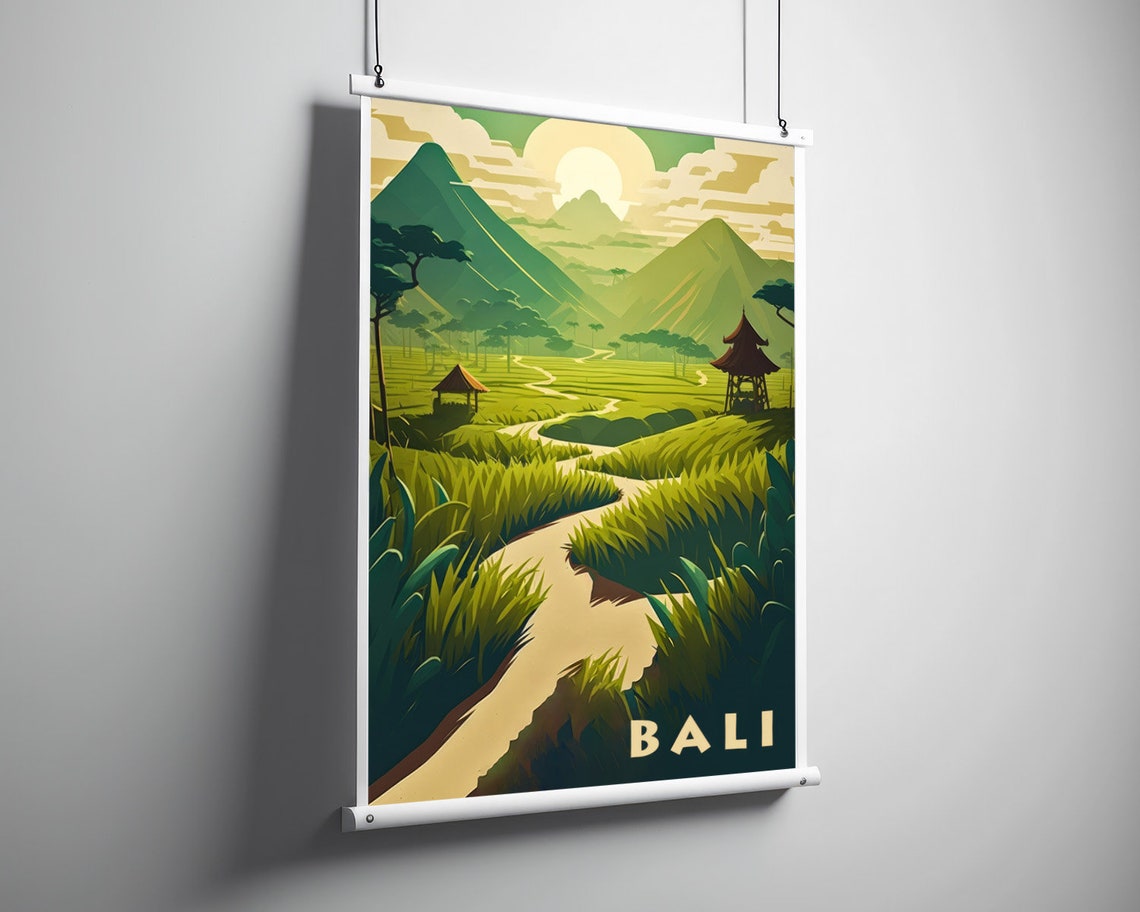 Bali Green Rice Terraces Volcano Sunrise Retro Travel Poster - Image 3