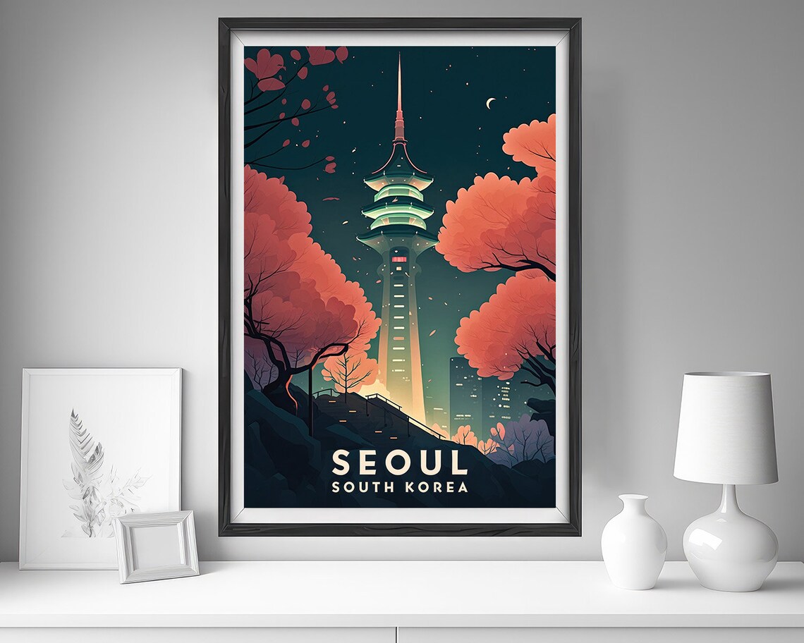 Seoul South Korea City Night Tower Cherry Blossom Travel Poster - Image 4