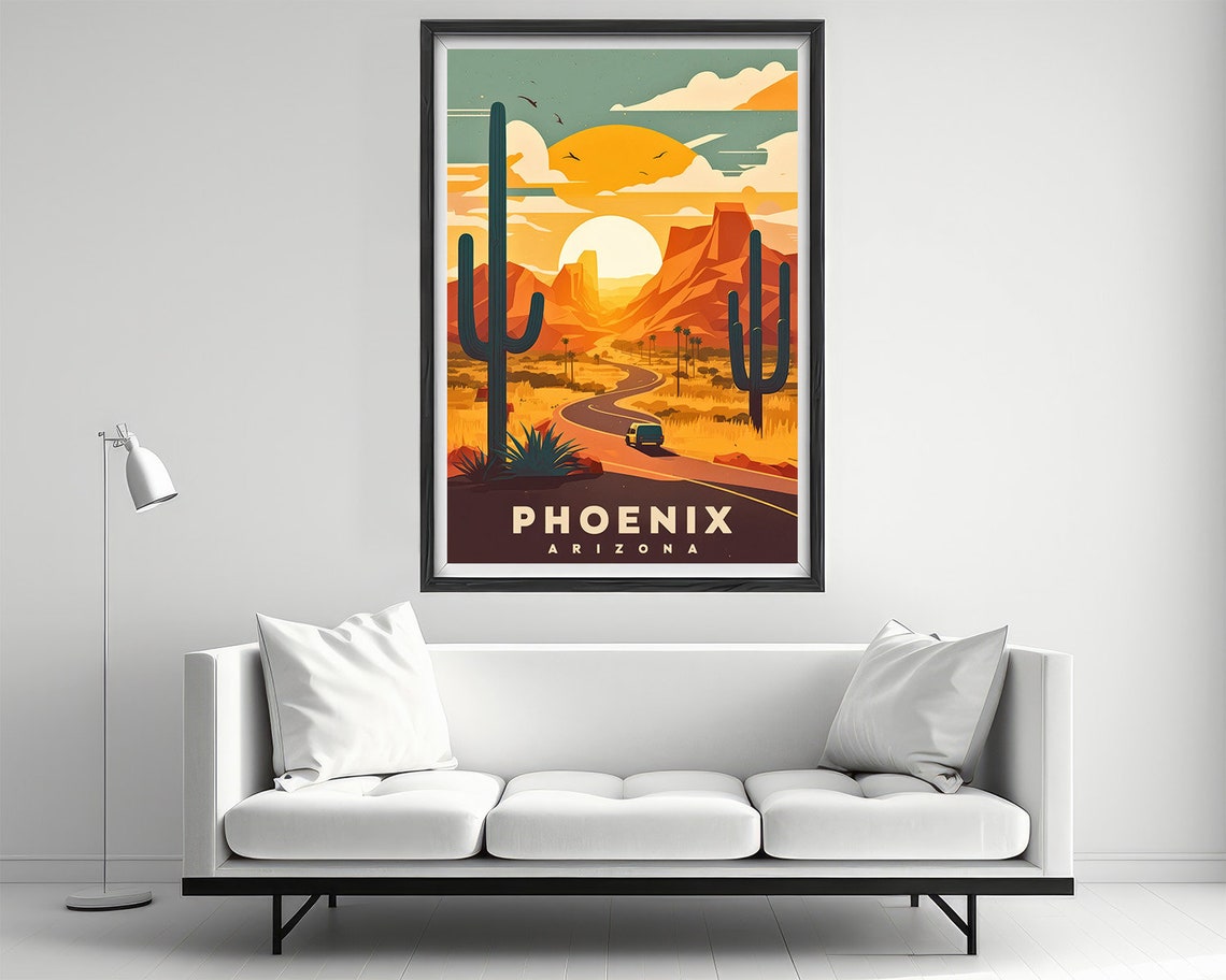 Phoenix Arizona Desert Highway Saguaro Cactus Sunset Travel Poster - Image 2