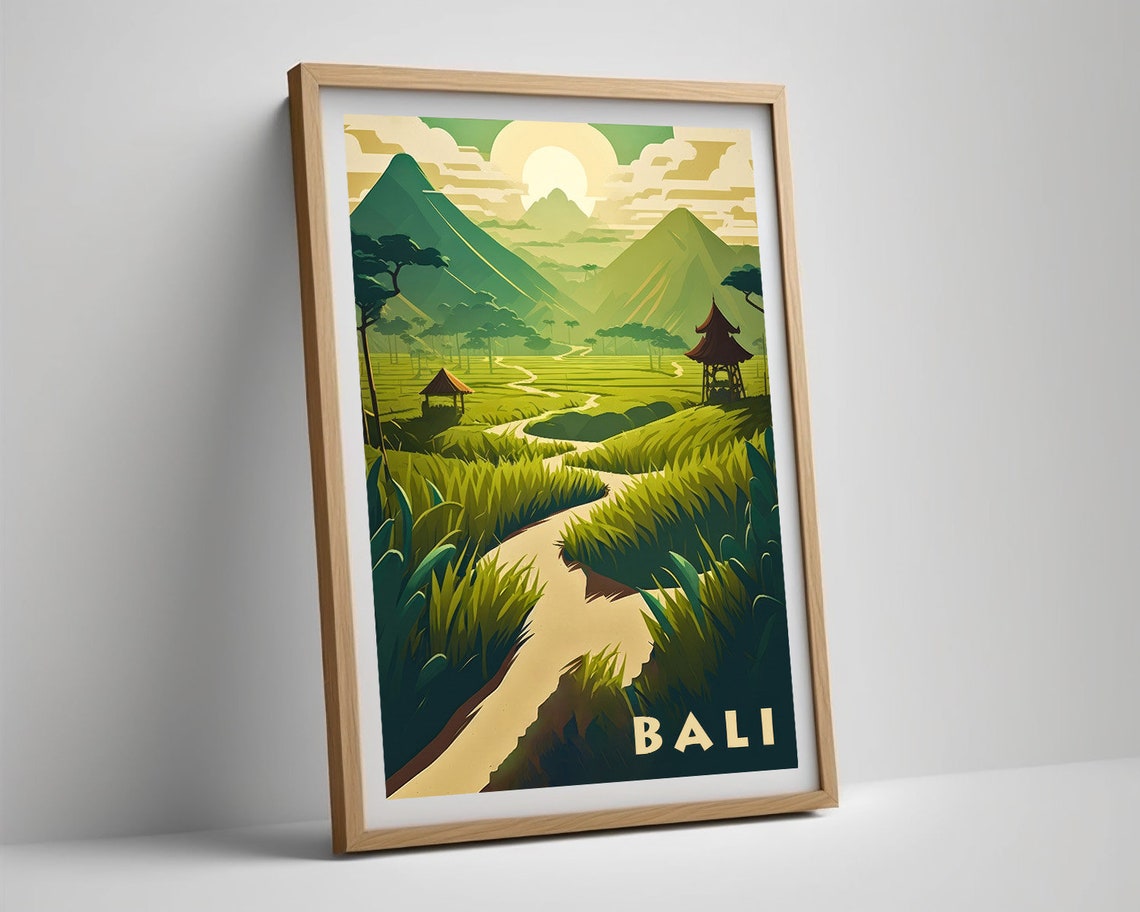 Bali Green Rice Terraces Volcano Sunrise Retro Travel Poster - Image 5