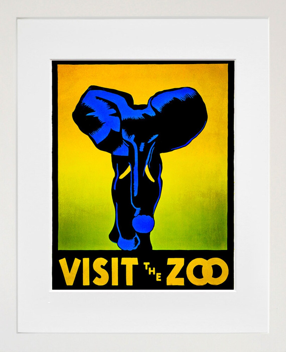 Visit The Zoo Blue Elephant Silhouette WPA Style Animal Art Poster