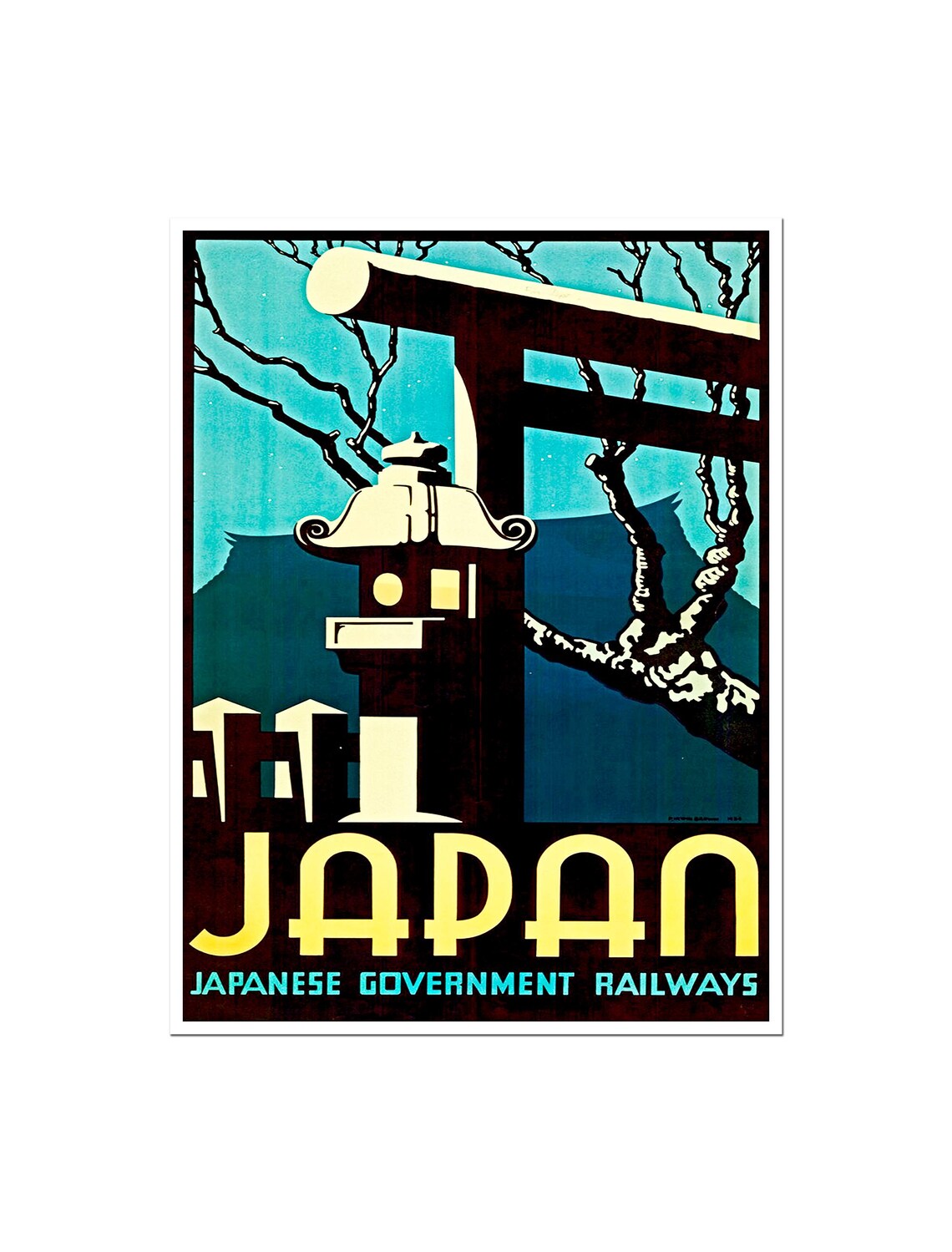 Japan Government Railways Torii Gate Lantern Vintage Travel Poster