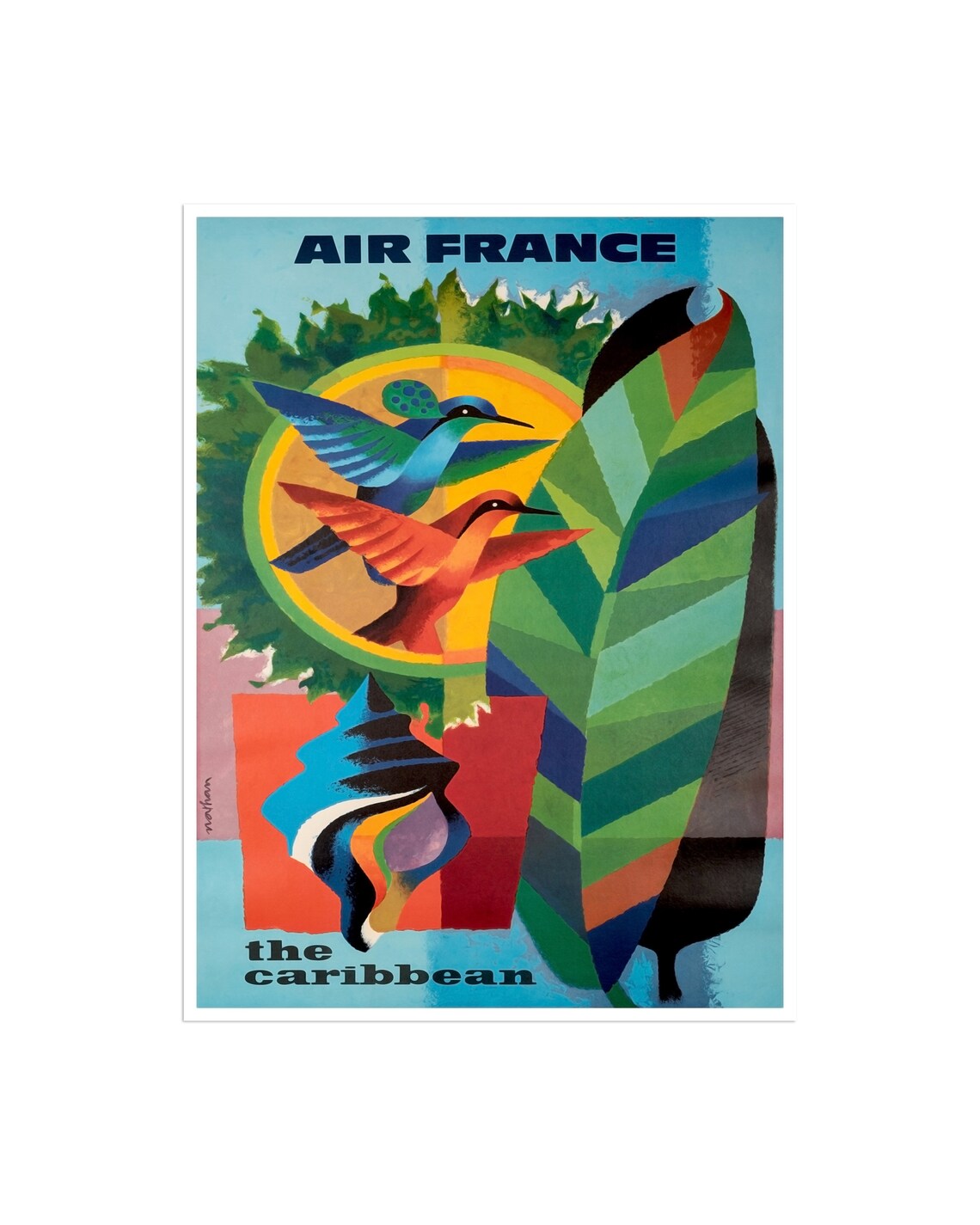 Air France Caribbean Hummingbird Tropical Bird Vintage Poster