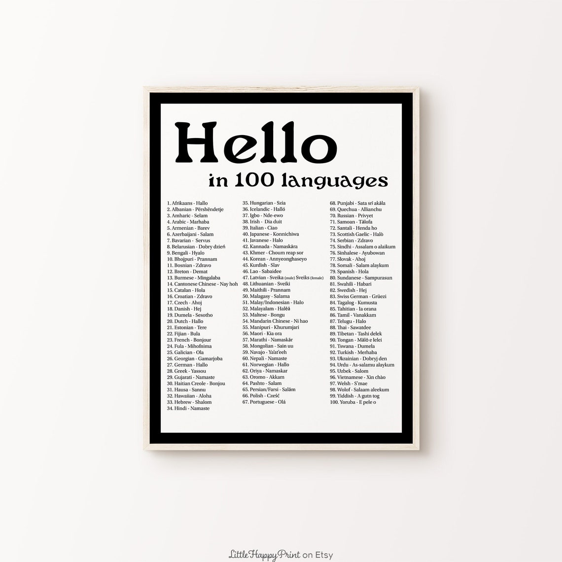 Hello In 100 Languages Numbered Greeting List Black And White Poster