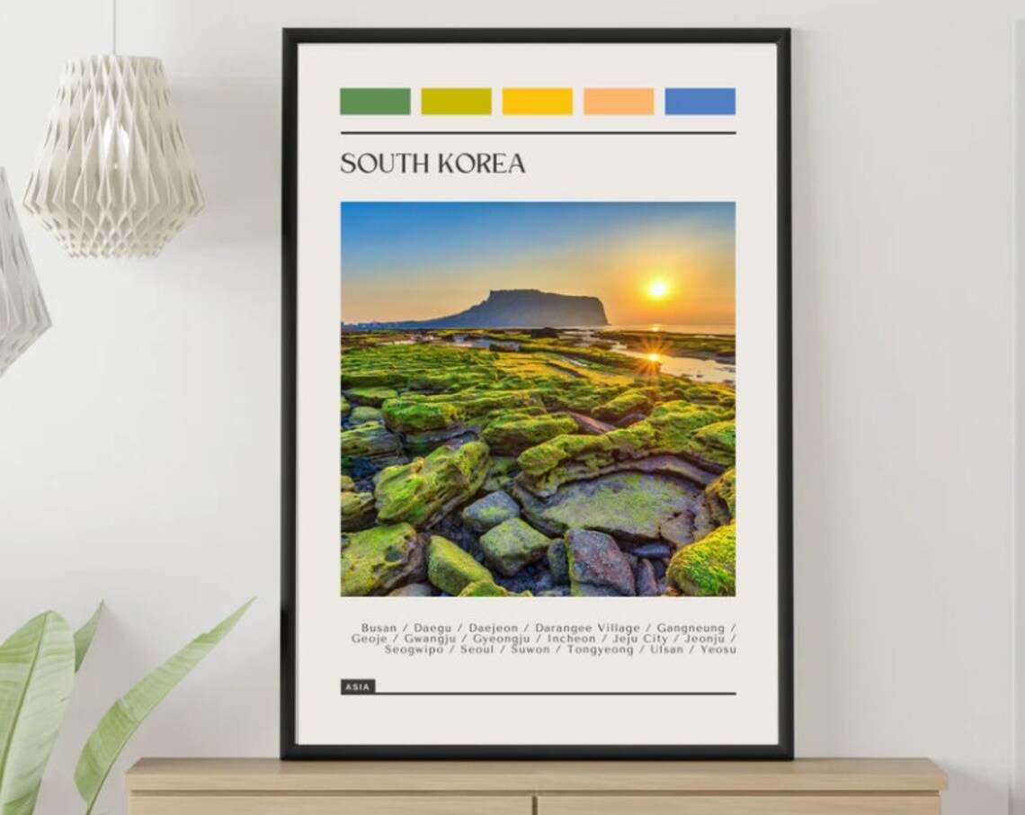 South Korea Jeju Sunrise Rocky Shore Color Block Travel Poster