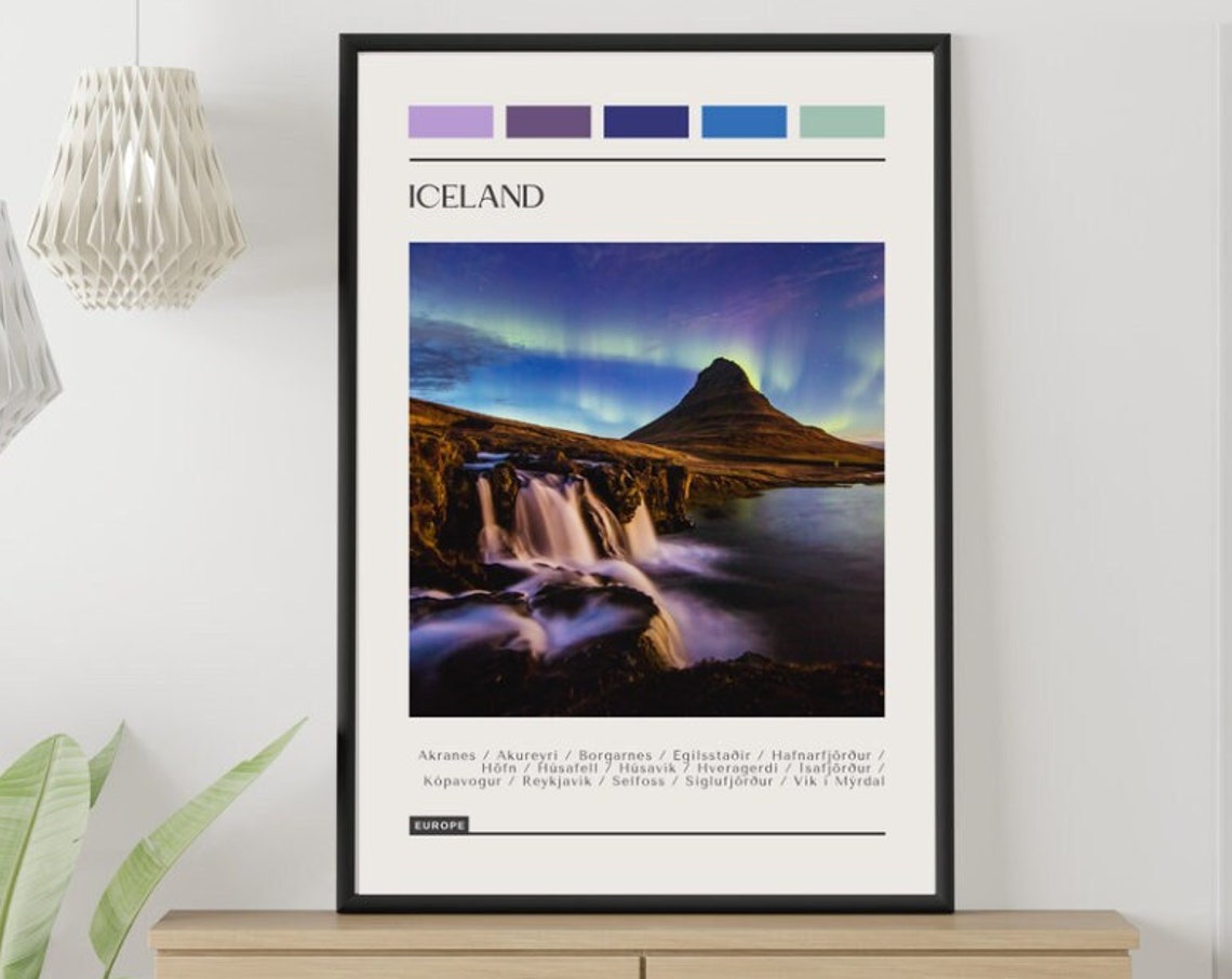 Iceland Northern Lights Waterfall Travel Poster Color Palette