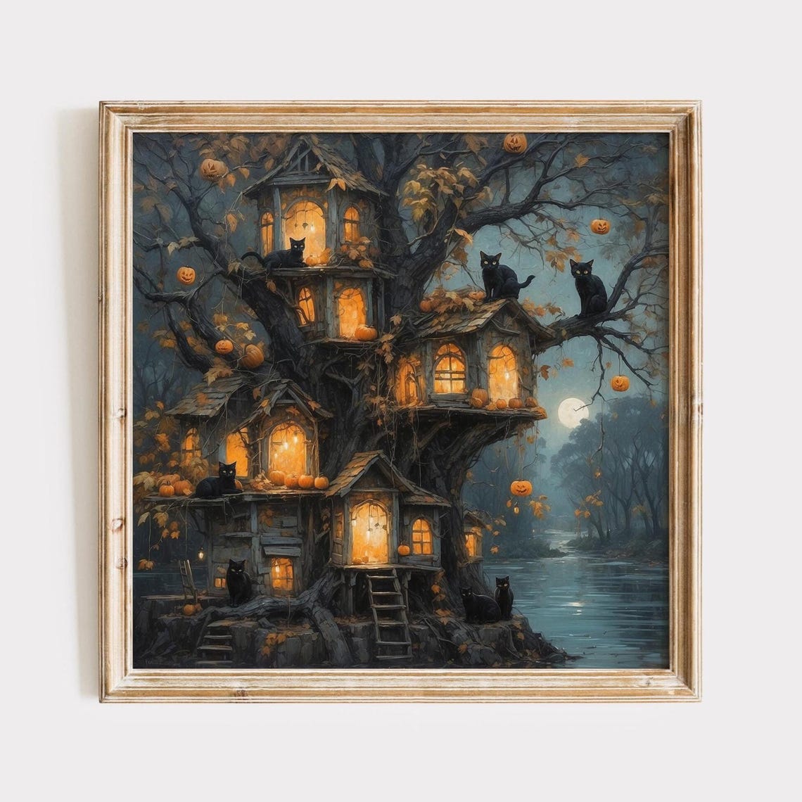Haunted Treehouse with Black Cats and Pumpkins Halloween Night Poster