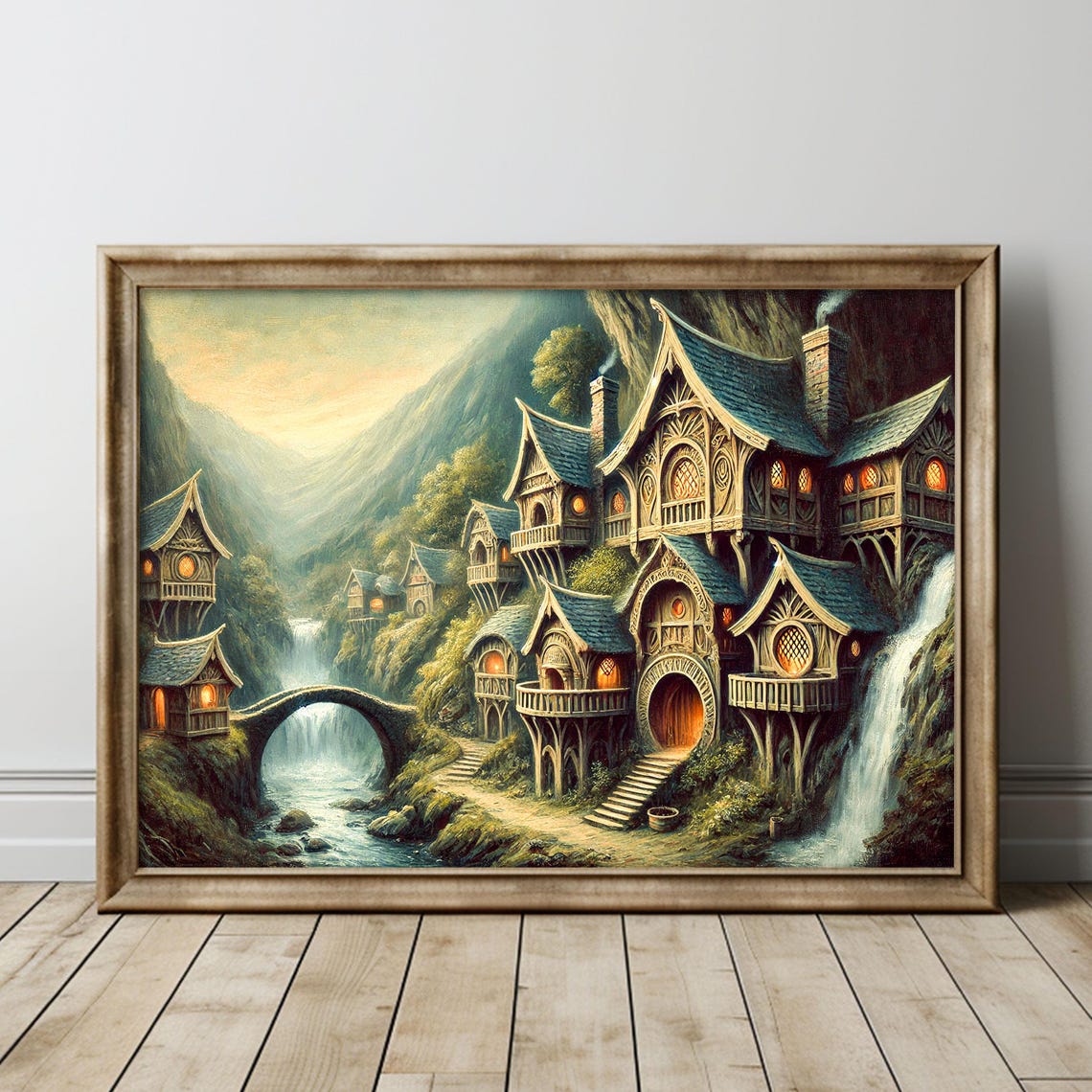 Enchanted Fantasy Mountain Village With Waterfalls at Dawn Poster