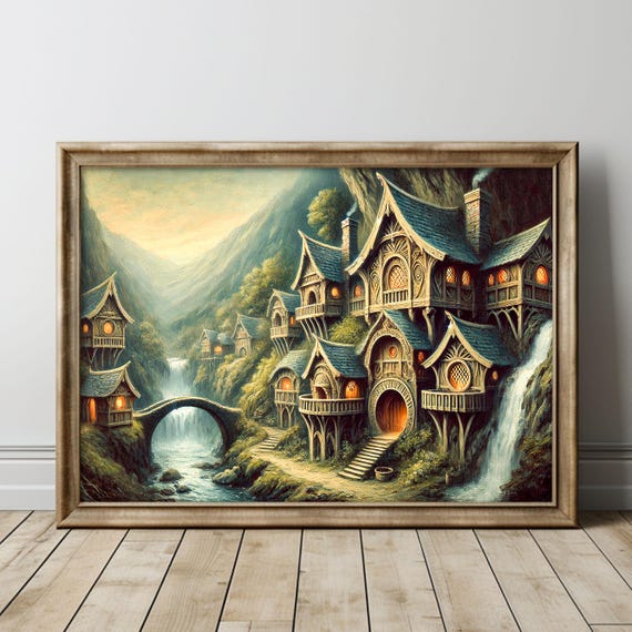 Fantasy Elvish Houses By The River Lotr Oil Painting Rivendell Landscape Wall Art