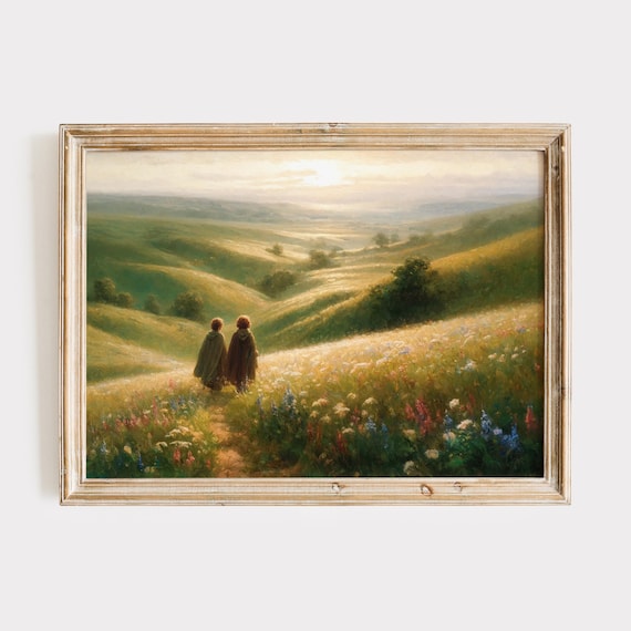 Two Travelers Flower Meadow Sunrise Fantasy Oil Painting Poster