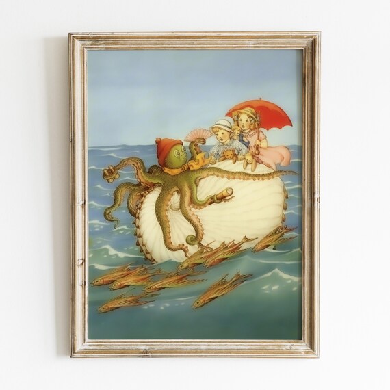 Ida Rentoul Outhwaite Children Riding Shell Octopus Vintage Sea Poster