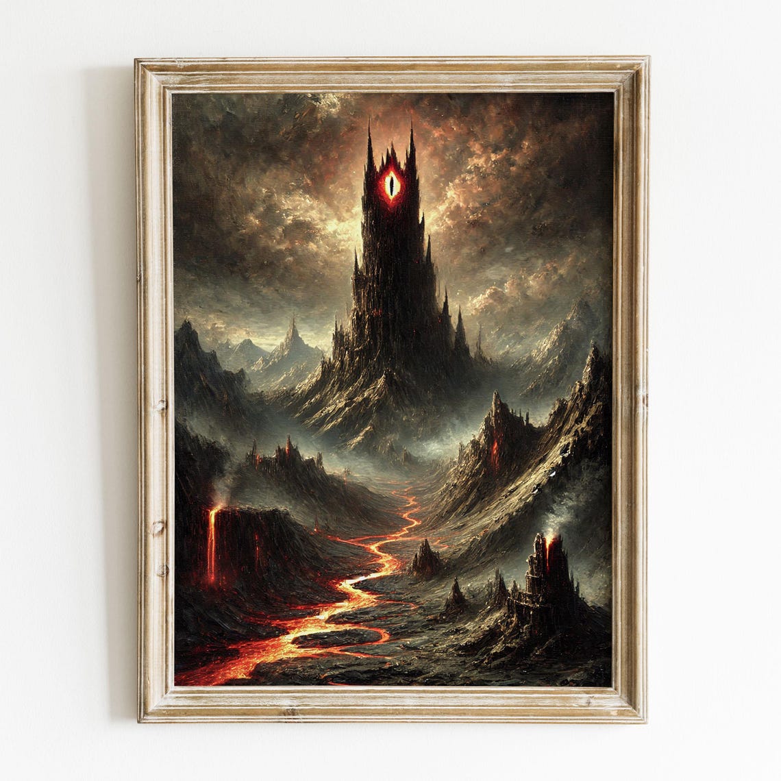 Dark Fantasy Tower With Burning Eye Over Lava Land Art Poster
