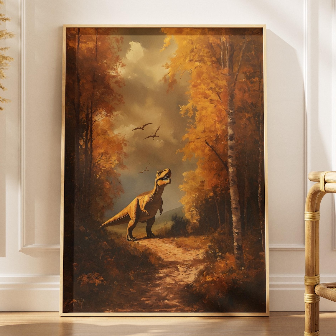 Autumn Trex Dinosaur Poster, Golden Forest Art Print