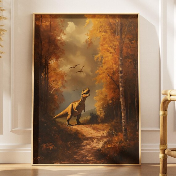 Autumn Trex Dinosaur Poster, Golden Forest Art Print