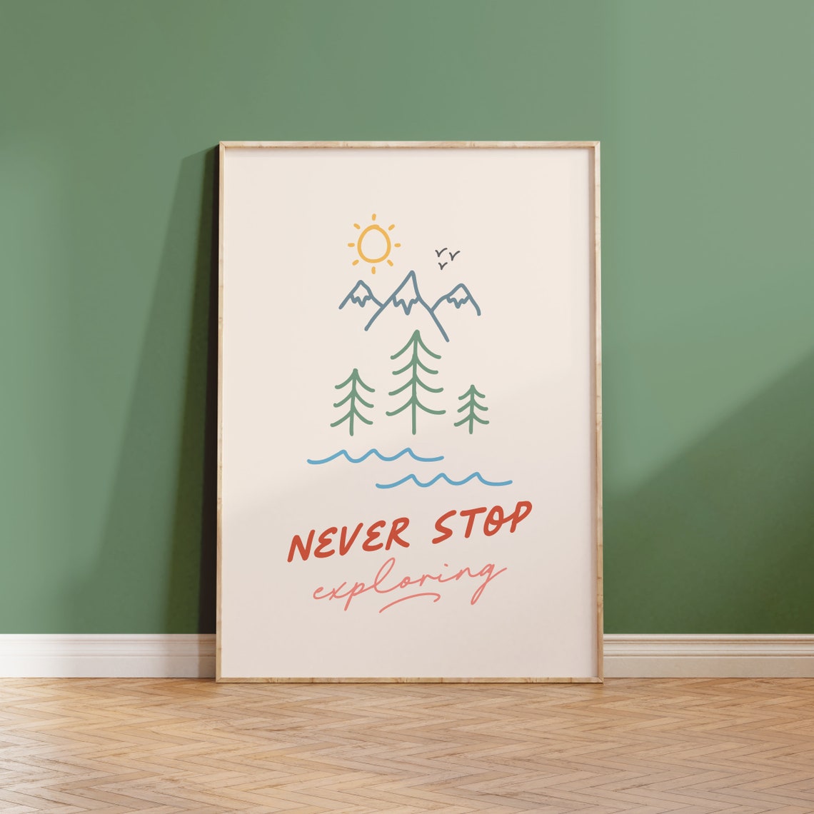 Never Stop Exploring Colourful Line Art Adventure Quote Poster
