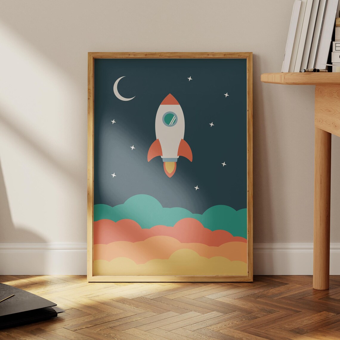 Space Rocket Colorful Starry Night Sky Kids Nursery Illustration Poster - Image 3