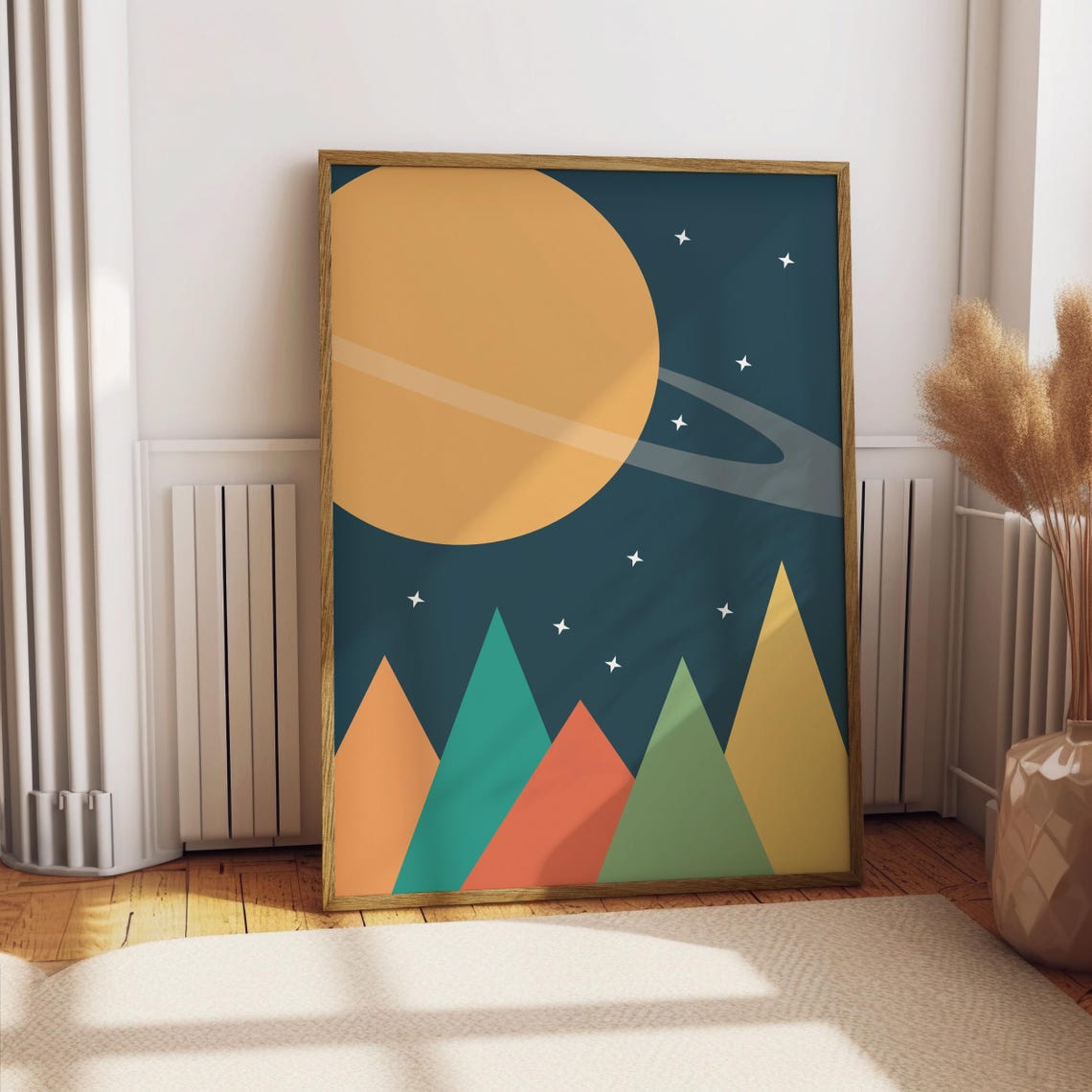 Space Mountains Starry Teal Night Sky Colorful Nursery Room Wall Art - Image 3