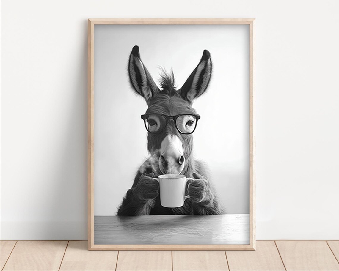 Donkey Drinking Coffee Funny Kitchen Art Print