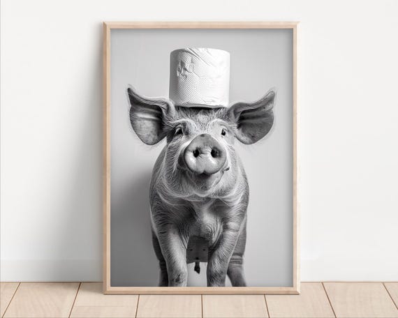 Pig With Toilet Paper On Poster Or Canvas Funny Bathroom Wall Art Kids Laundry Room Decor Animal Humor Photo Cute Print