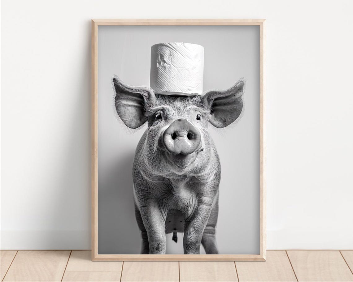Cute Pig Balancing a Toilet Paper Roll on Its Head Funny Poster