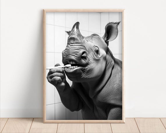 Rhino Brushing Teeth Poster Or Canvas Funny Bathroom Wall Art Kids Laundry Room Decor Vintage Style Retro Animal Print Cute Humor