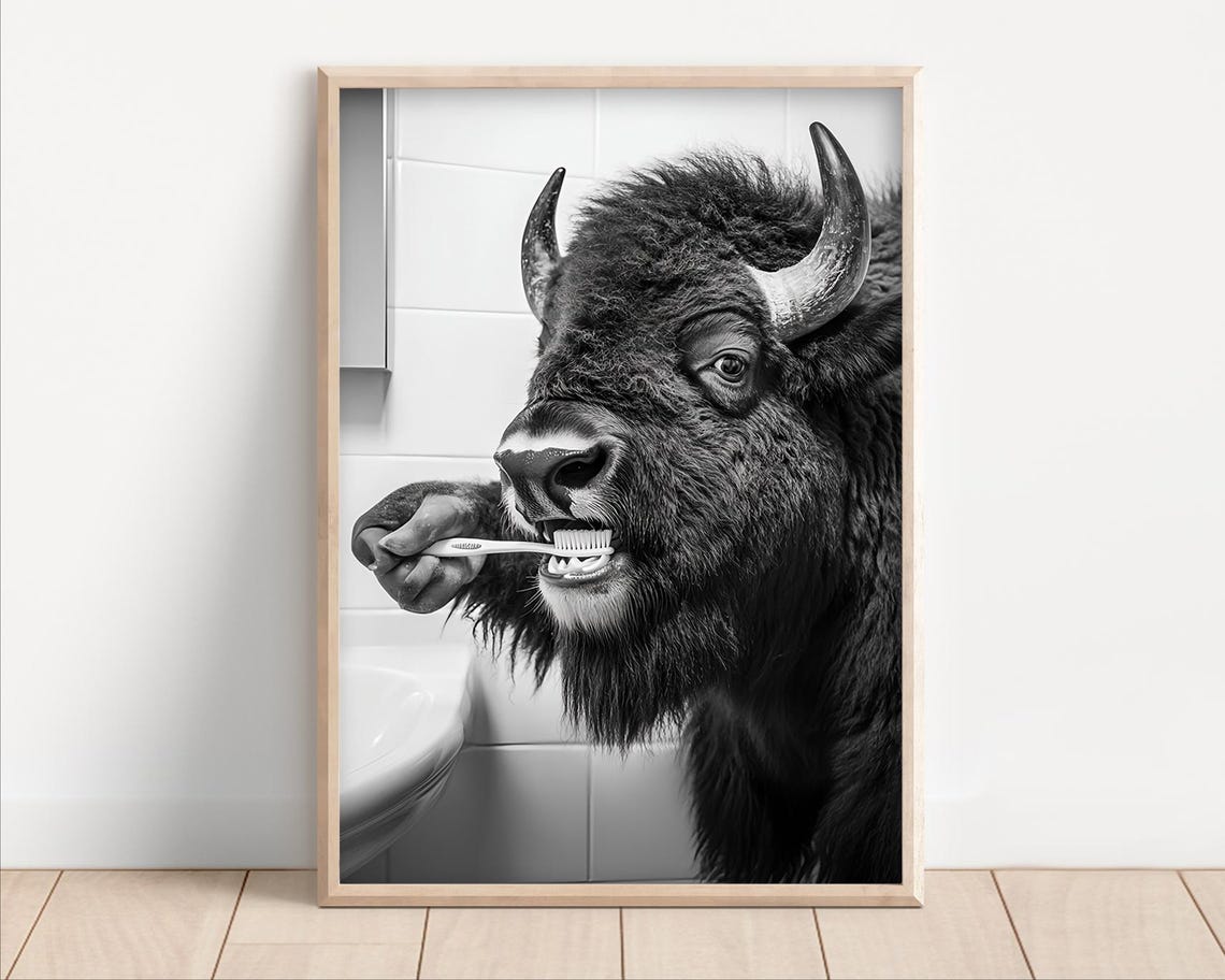 Bison Brushing Teeth Poster Or Canvas Funny Bathroom Wall Art Kids Laundry Room Decor Retro Animal Humor Cute Print