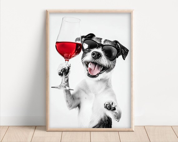 Terrier Dog Drinking Wine Wearing Sunglasses Poster Or Canvas Lover Decor Funny Kitchen Wall Art Humor Dining Room