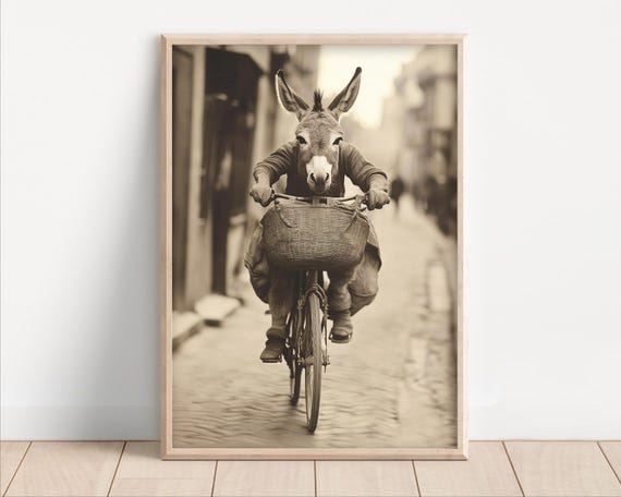 Donkey Riding A Bike Poster Or Canvas Funny Animal Wall Art Retro Vintage Style Home Decor Cute Kids Nursery Room Print Quirky Humor